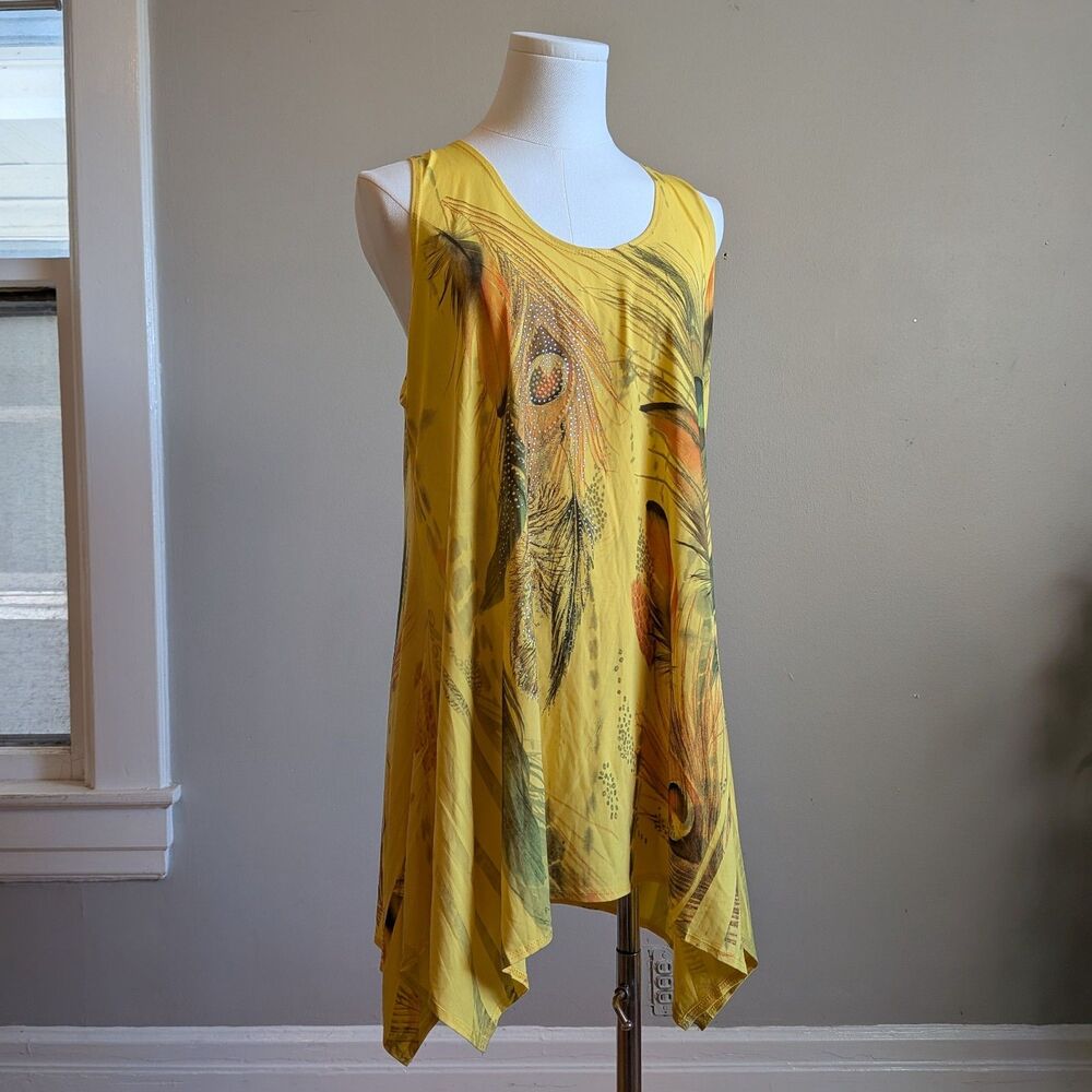Vintage Y2K Jostar Sleeveless Top Yellow Rhinestone Peacock Feather Size M
